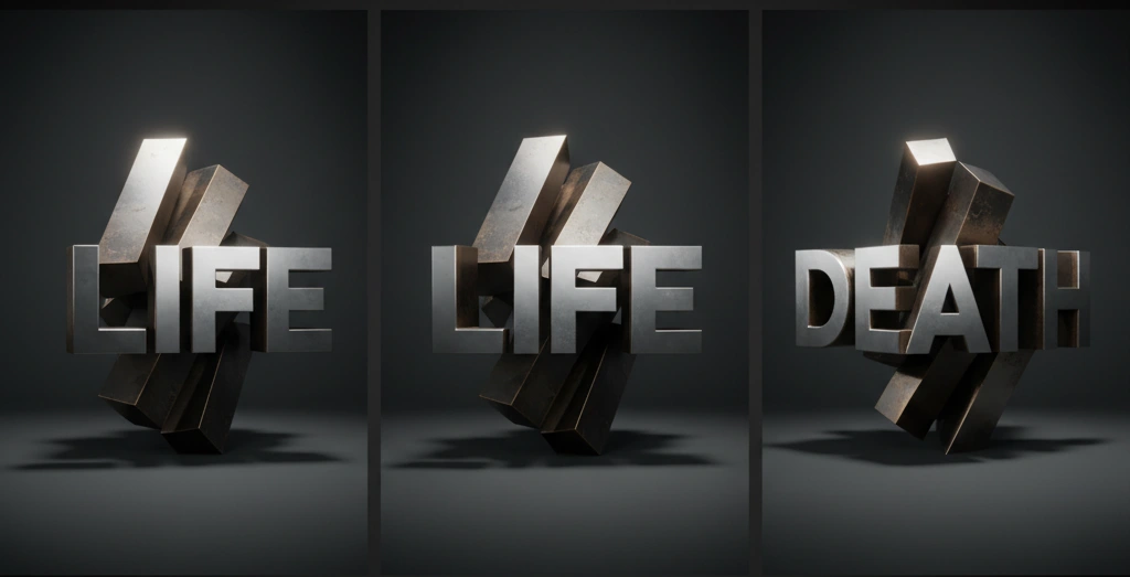 A complex 3D ambigram sculpture model viewed from two opposing angles, reading different words