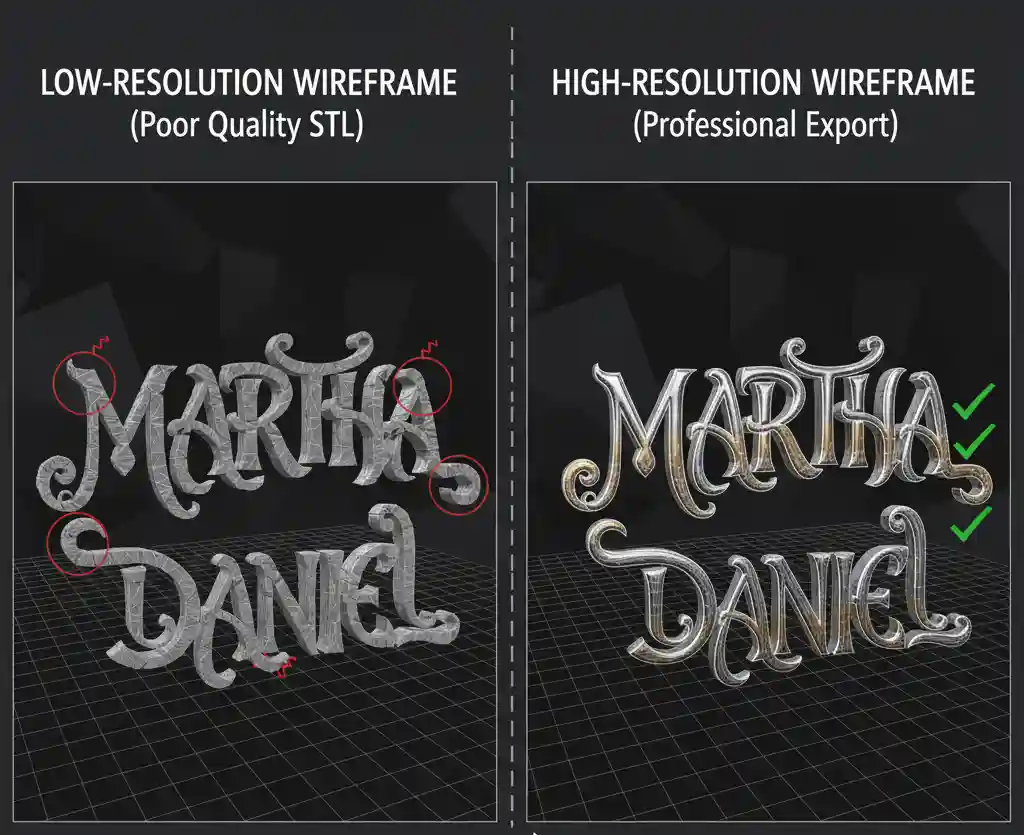 Comparison of a low-resolution vs. high-resolution STL export file from ambigram generator software