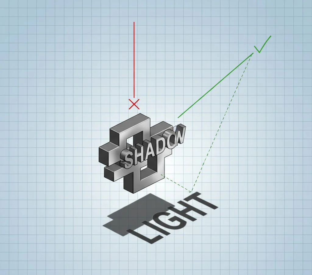 Diagram showing the effect of different light source angles on a 3d ambigram model