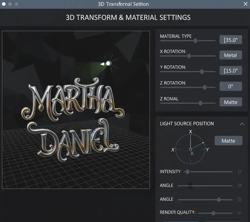 Detailed view of the advanced ambigram controls panel showing rotation axis sliders and material options