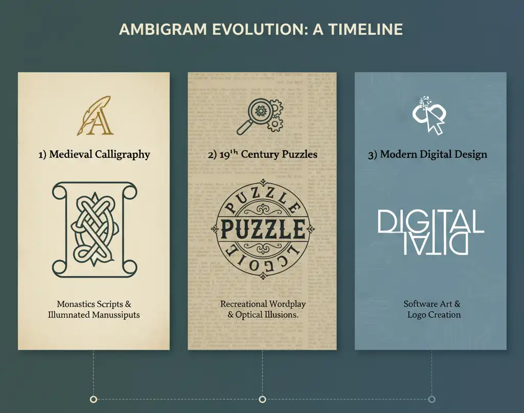 Visual timeline showing key moments in ambigram history from the 19th century to the present