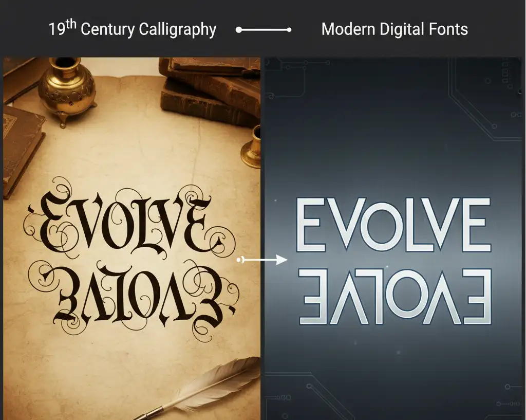Comparison of ambigram art styles from 19th century calligraphy to modern digital fonts, highlighting evolution in design and clarity.