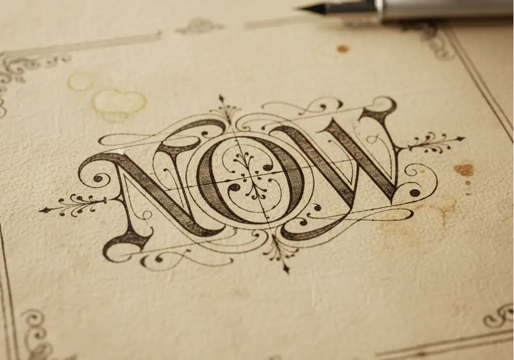 Example of a hand-drawn 19th-century-style ambigram showing early symmetric techniques