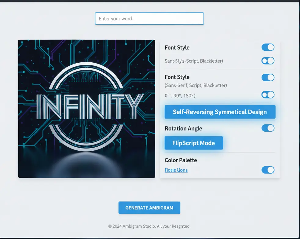 Screenshot of the ambigram generator interface with the 'FlipScript' option highlighted
