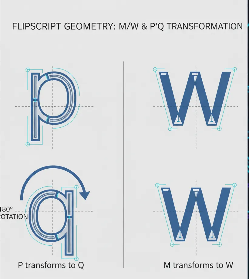 Visual example of M/W and p/q letter pairs perfectly transforming in FlipScript mode, highlighting geometric connection points.