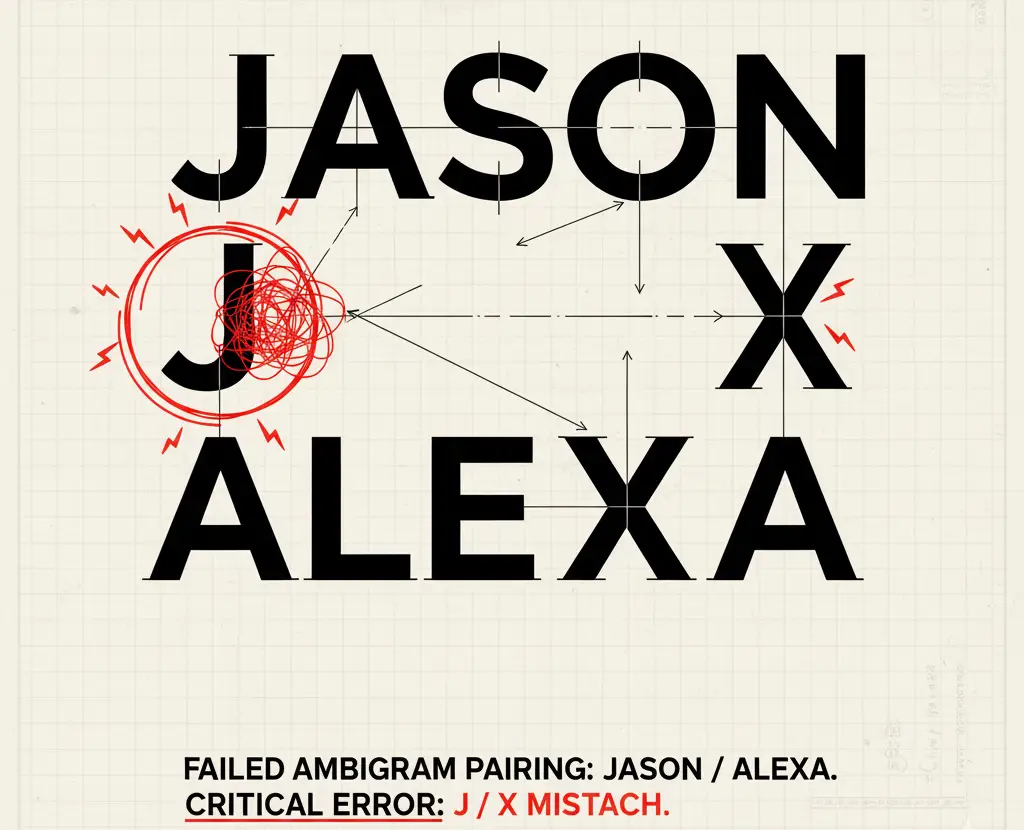 Diagram showing an ambigram generator name failure due to poor character pairing (e.g., J rotating to K)